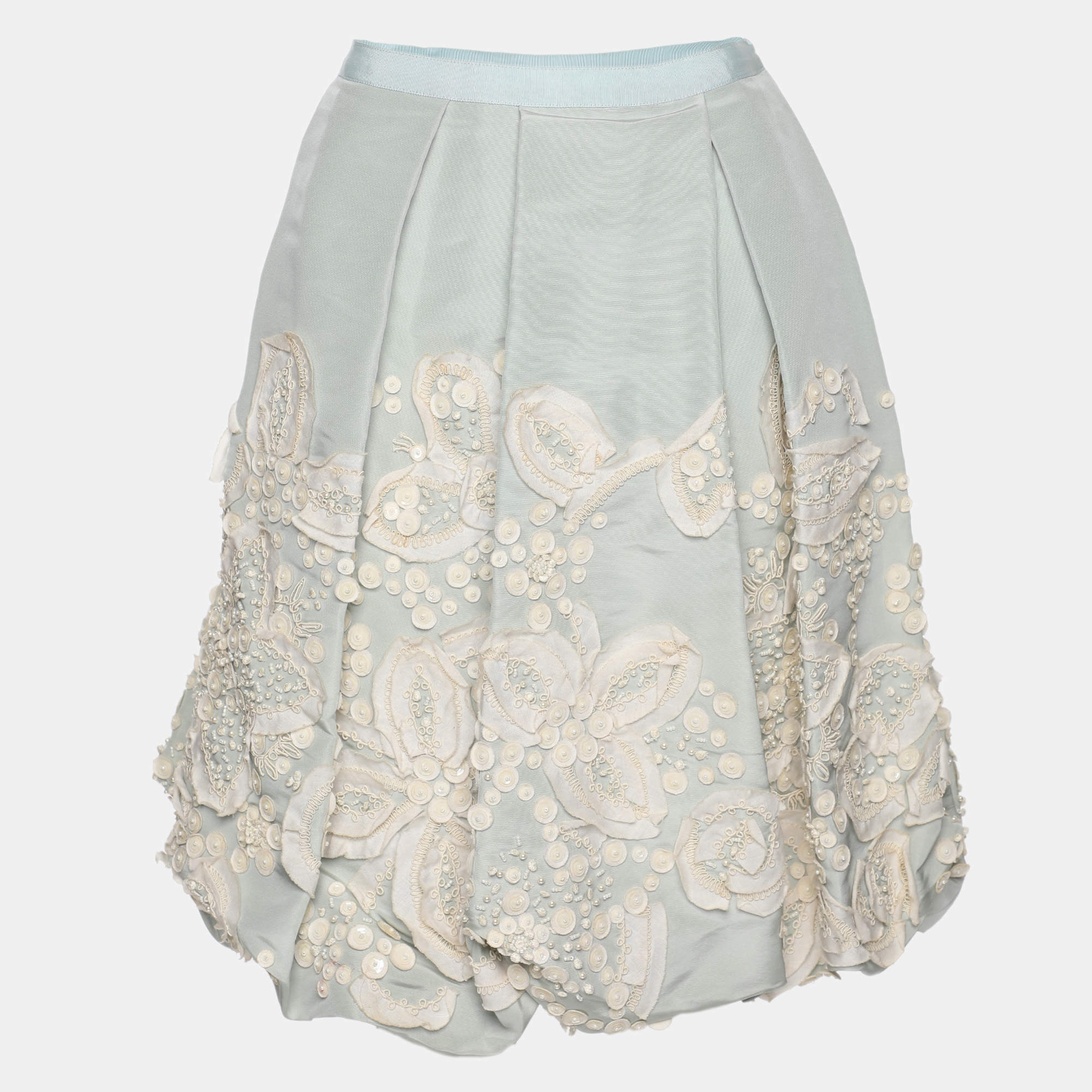 Pre Owned Oscar de la Renta Grey/Light Blue Silk Embroidered Mini Skirt Size L