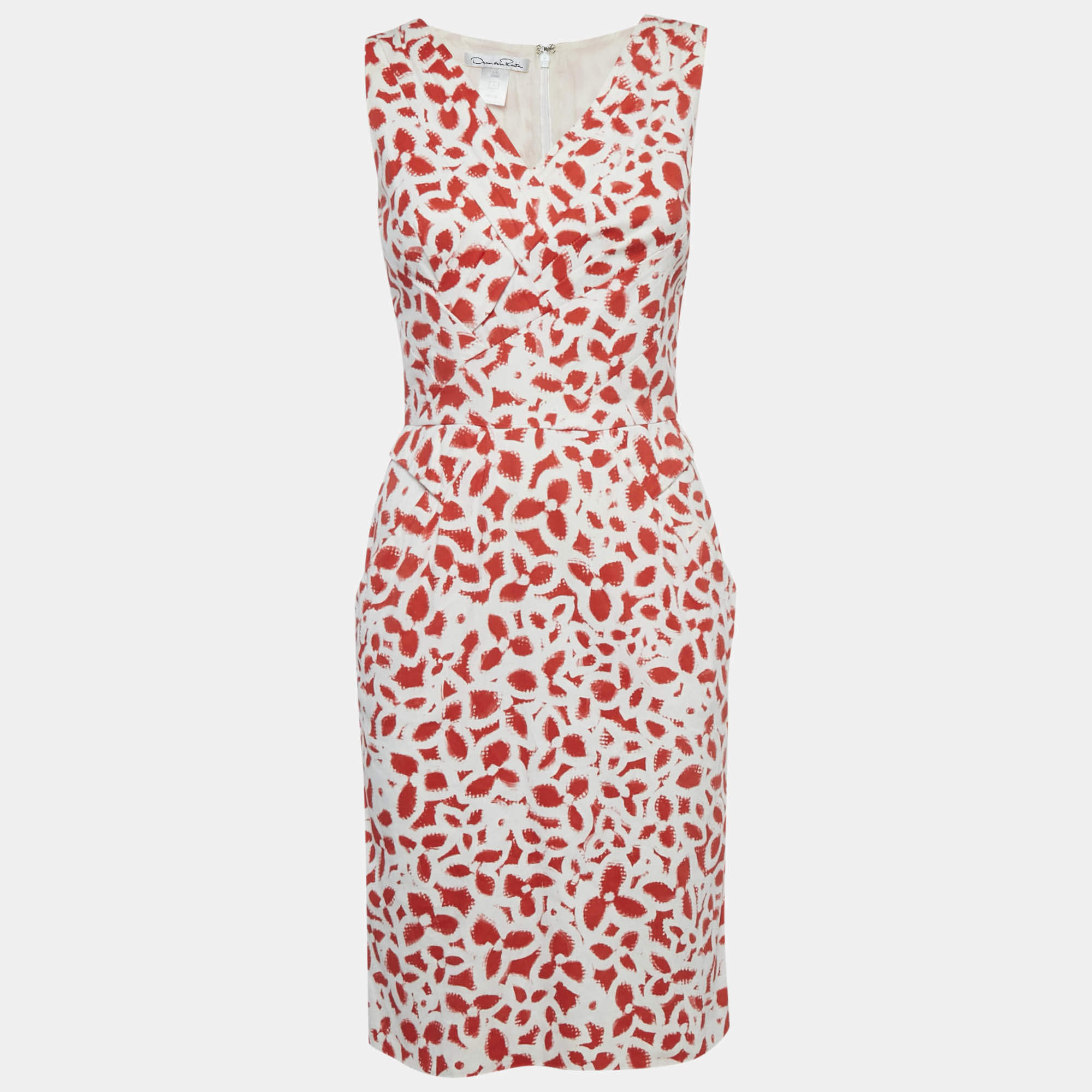 Oscar de la Renta White/Red Floral Print Cotton Sleeveless Short Dress S