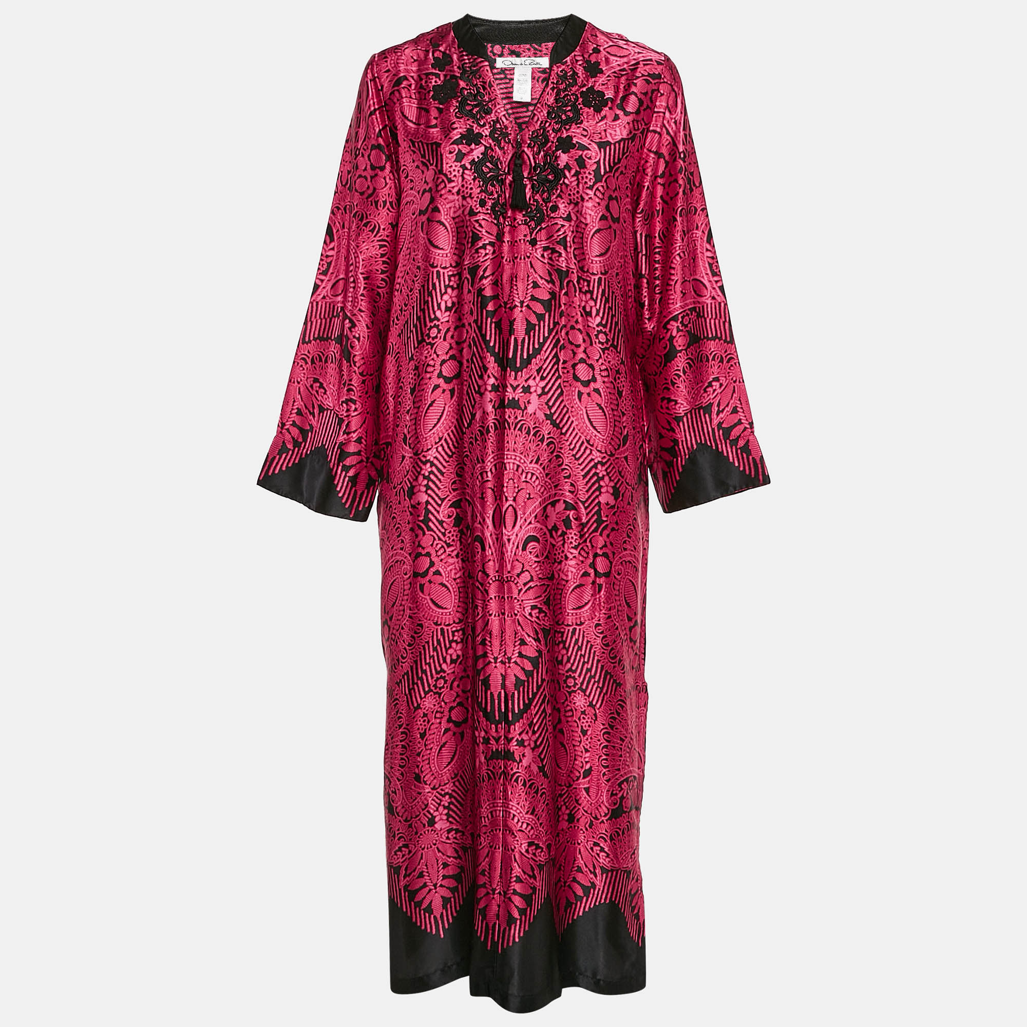 Oscar de la Renta Pink/Black Printed Satin Maxi Kaftan Dress S