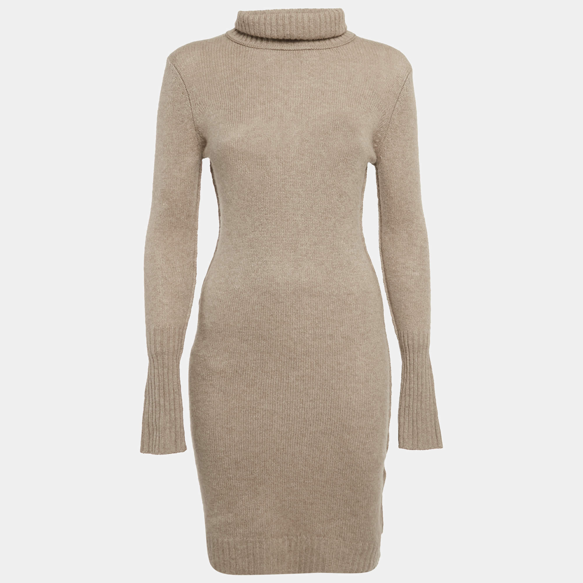 Pre Owned Oscar de la Renta Beige Cashmere Turtle Neck Sweater Dress S