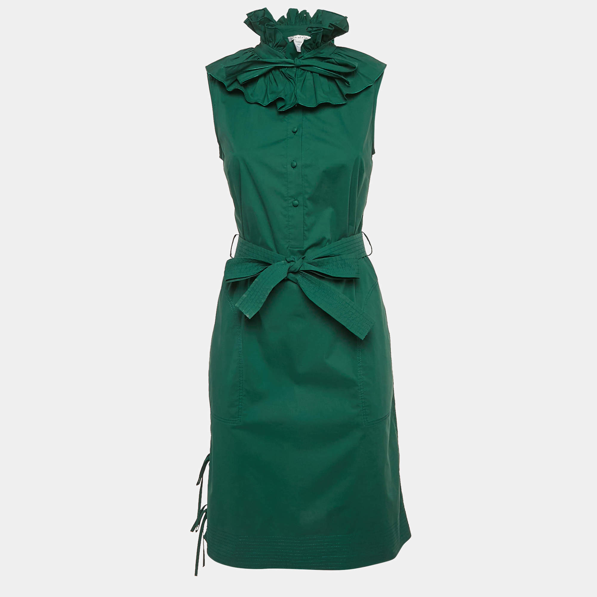 مملوكة مسبقًا Oscar de la Renta Green Cotton Ruffled Sleeveless Short Dress XS