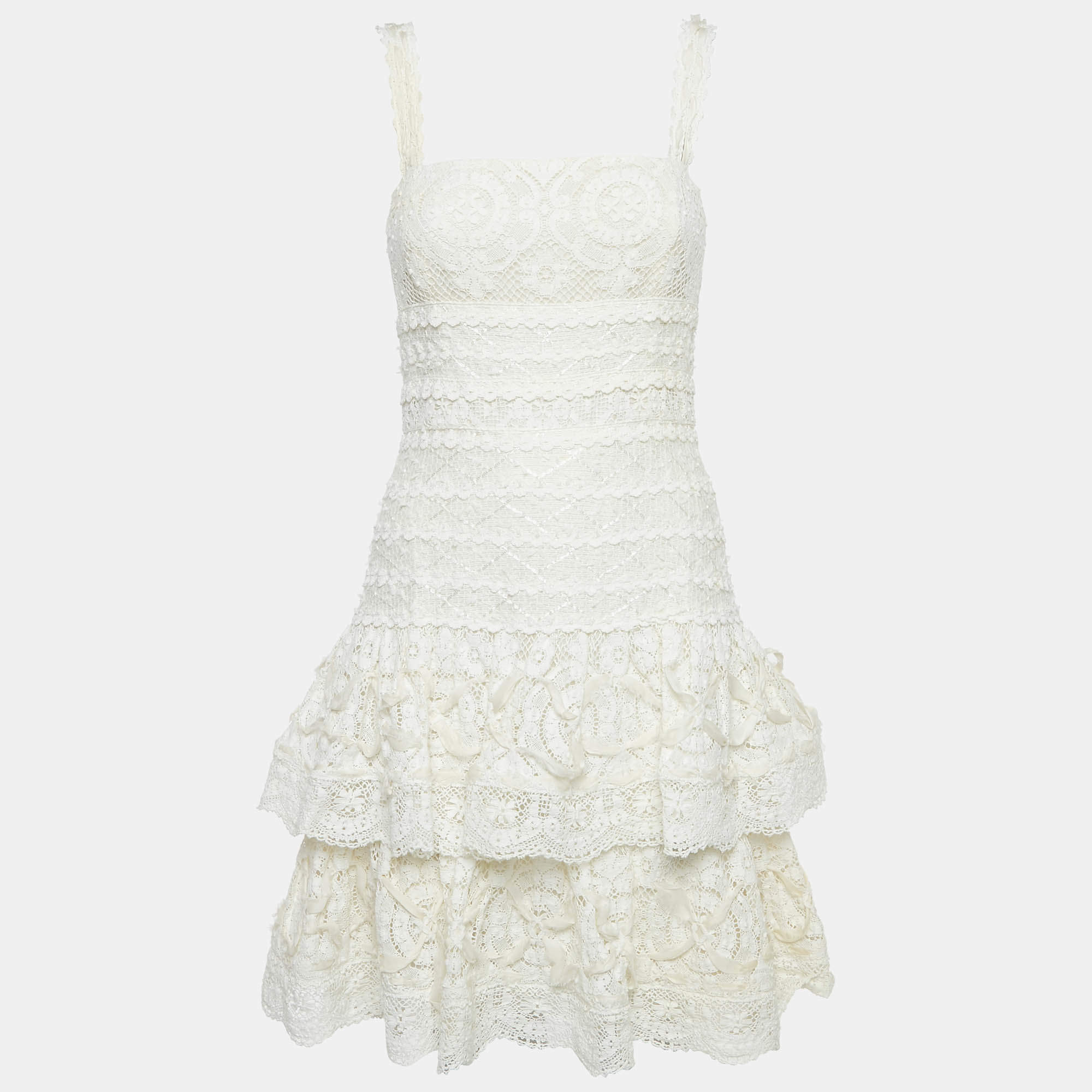 Oscar de la Renta Off-White Lace Ruffled Sleeveless Mini Dress S