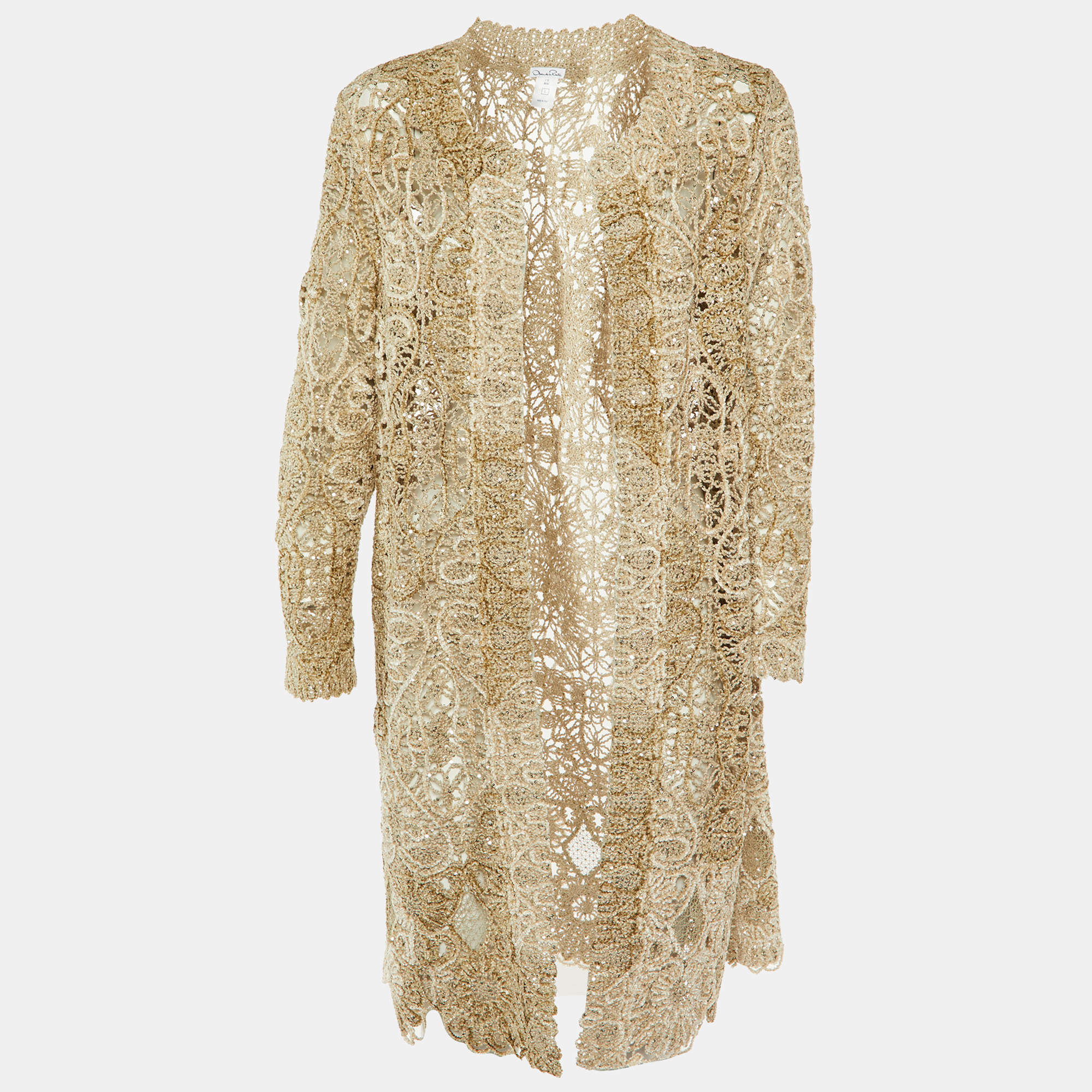 Pre Owned Oscar de la Renta Beige Sequin Patterned Lace Open Front Jacket L