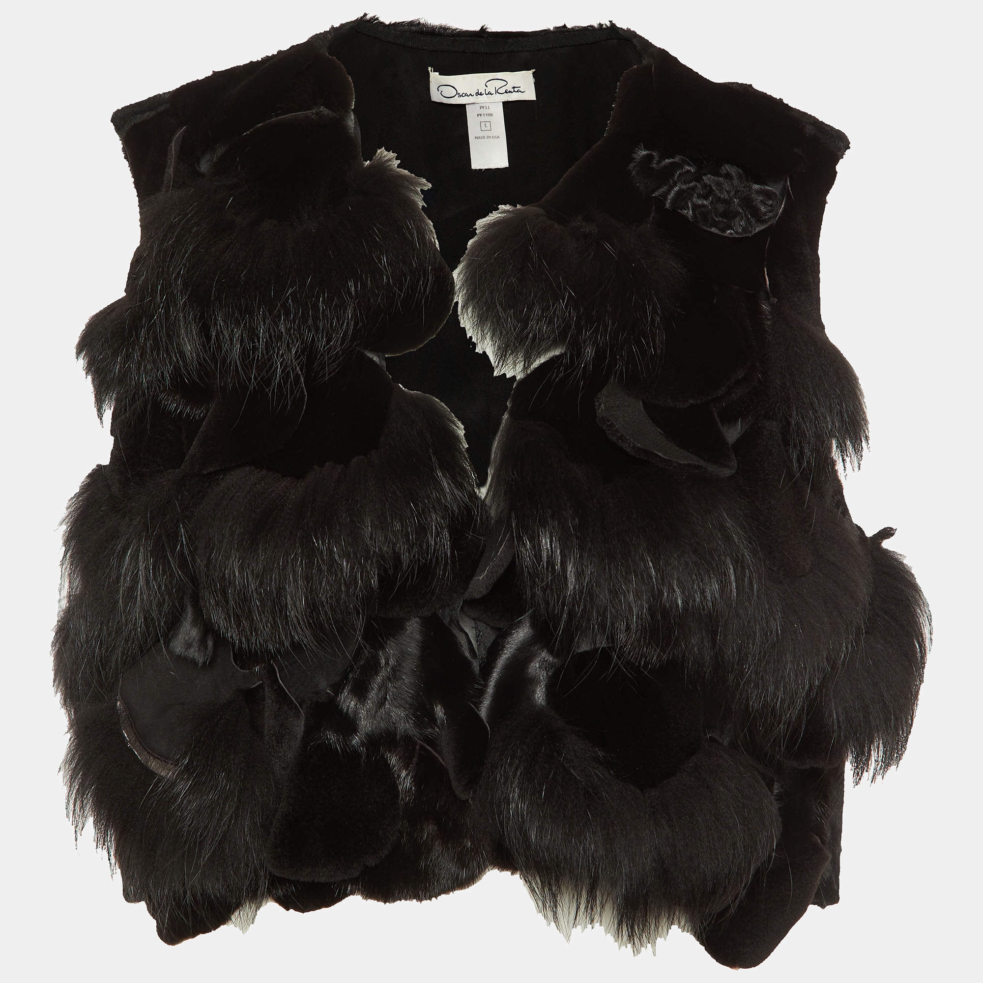 Pre Owned Oscar de la Renta Black Fur Detail Satin Sleeveless Coat L