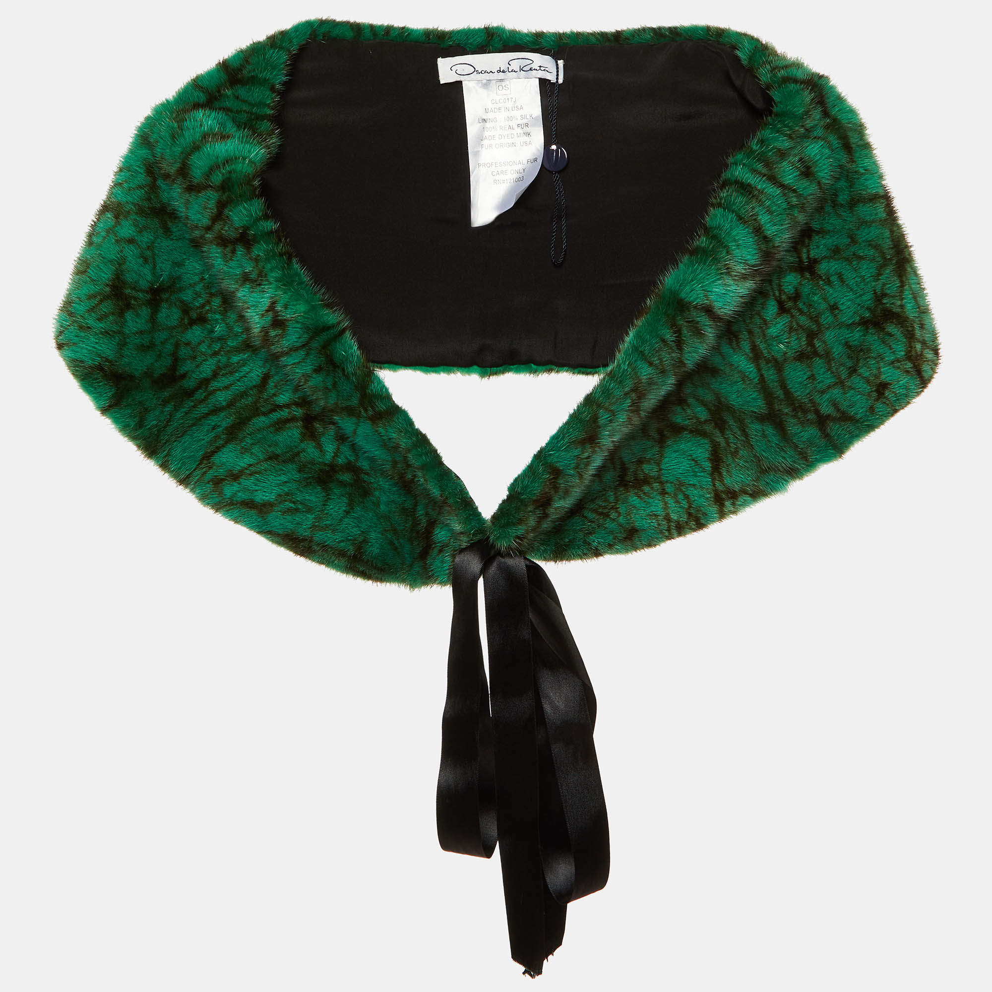 Oscar de la Renta Jade Green Marble Print Fur Tie-Up Bolero Jacket One Size 