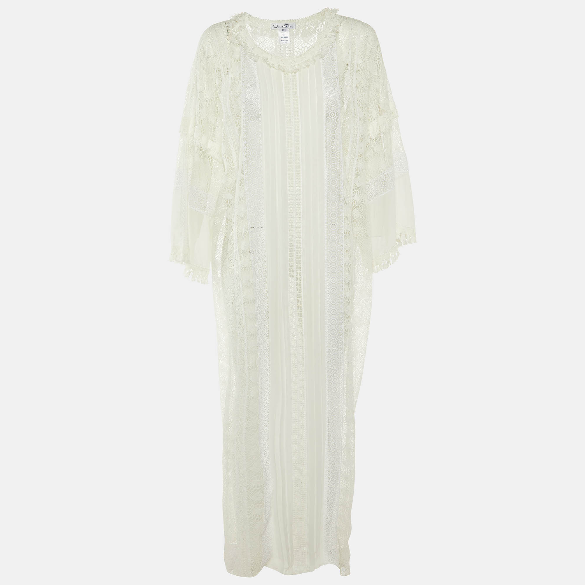 Pre Owned فستان عباية ماكسي شفاف من الدانتيل الأبيض أوسكار دي لا رينتا مقاس صغير