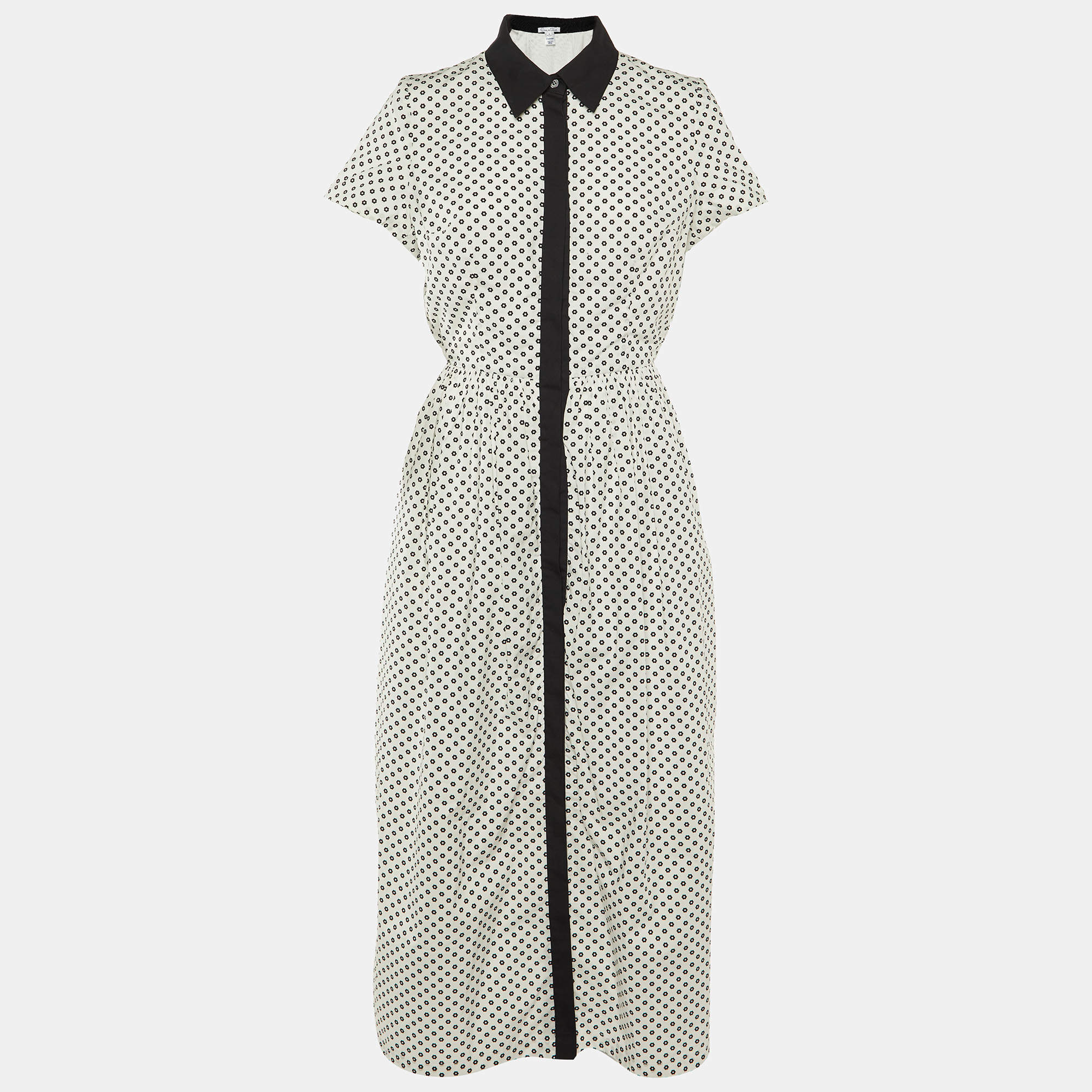 Pre Owned Oscar de la Renta Monochrome Floral Printed Cotton Maxi Dress M