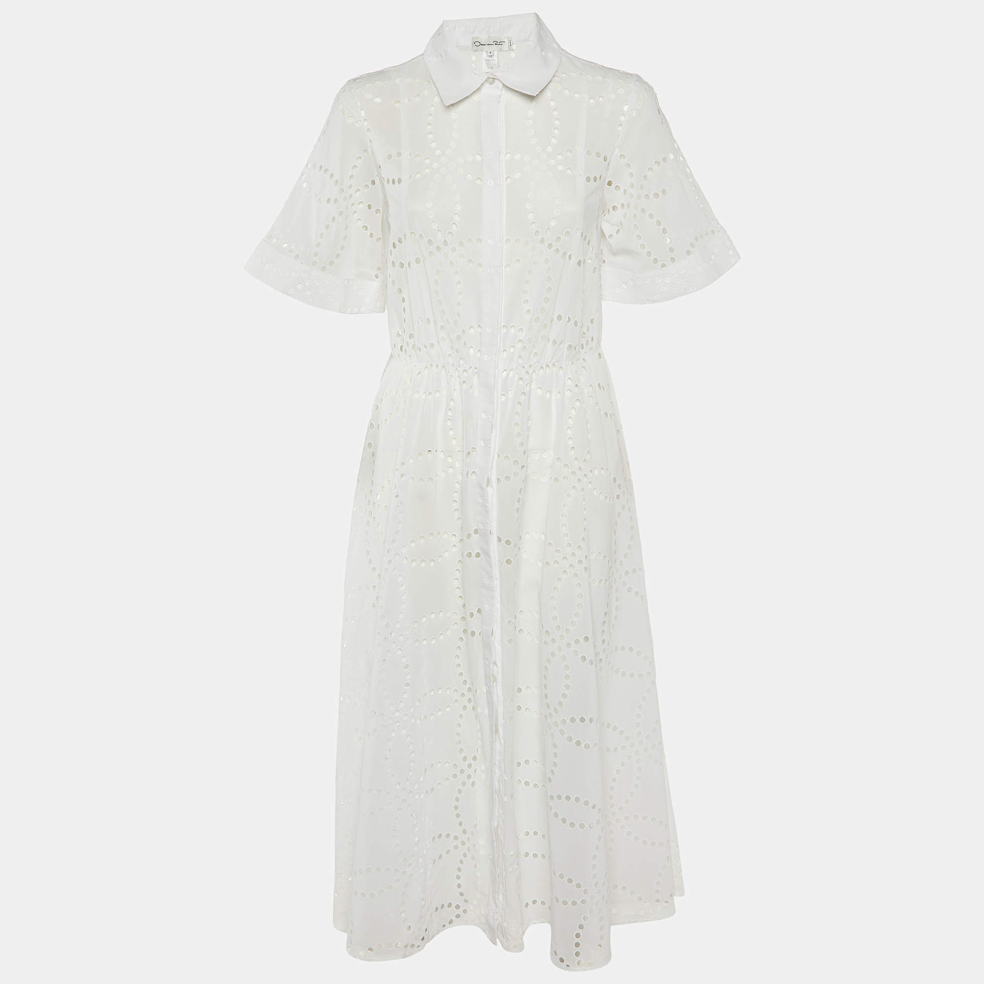 Pre Owned Oscar de la Renta White Eyelet Cotton Midi Dress S