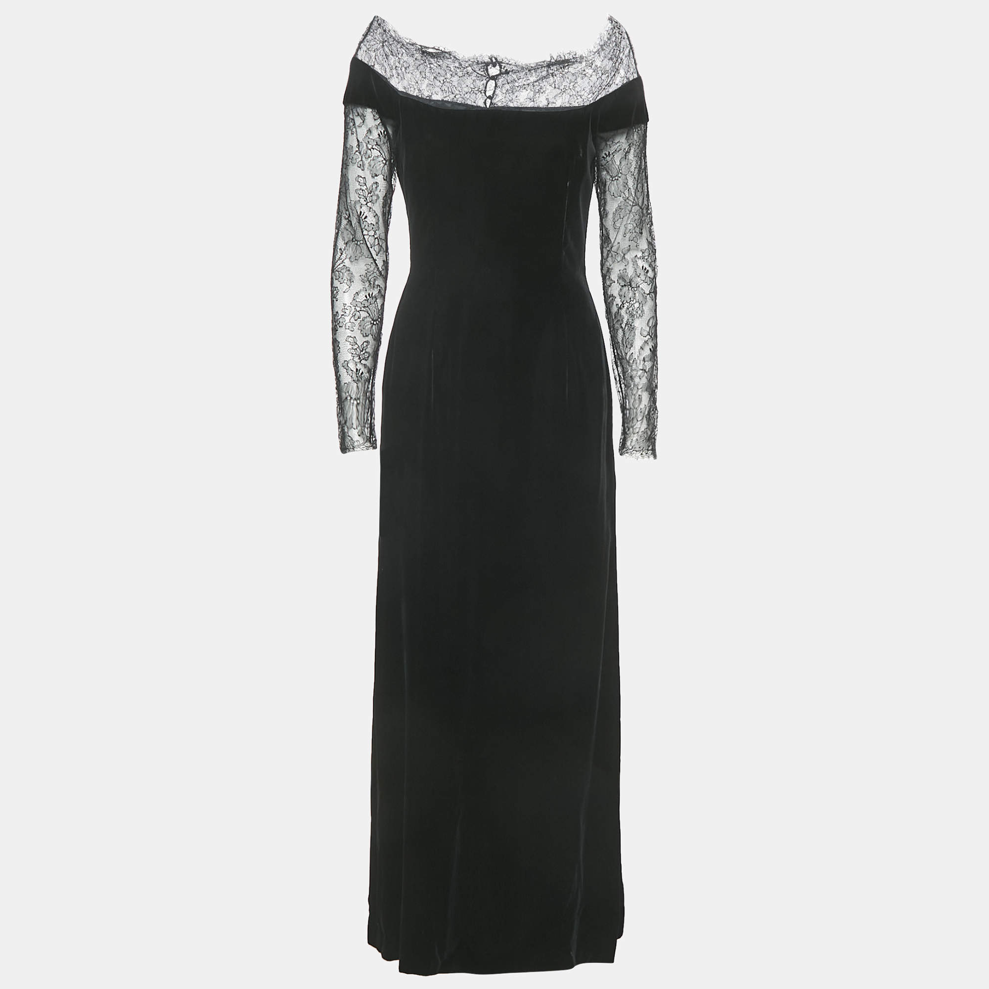 Pre Owned Oscar de la Renta Black Lace Trim Velvet Maxi Dress M