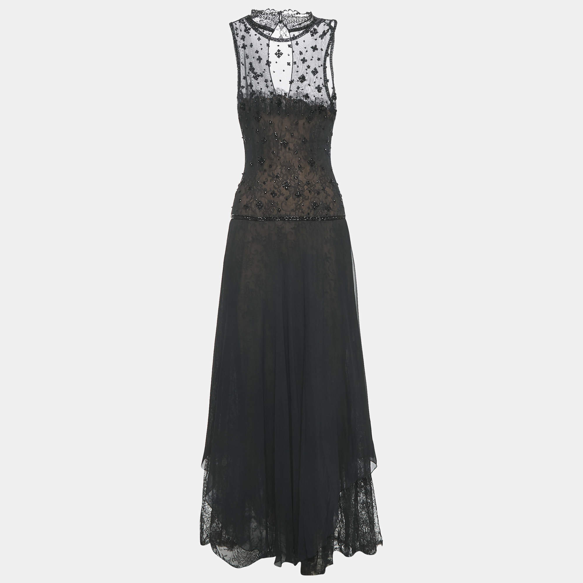 مملوكة مسبقًا Oscar de la Renta Vintage Black Embellished Lace and Crepe Long Dress S