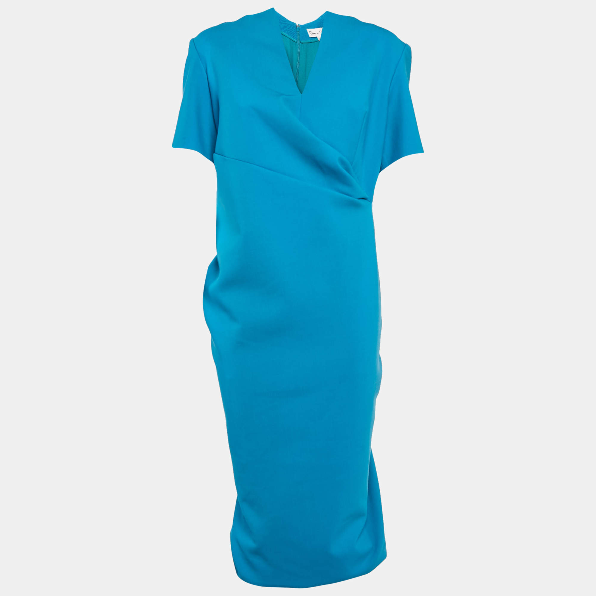 Oscar de la Renta Blue Wool Ruched Midi Dress XL