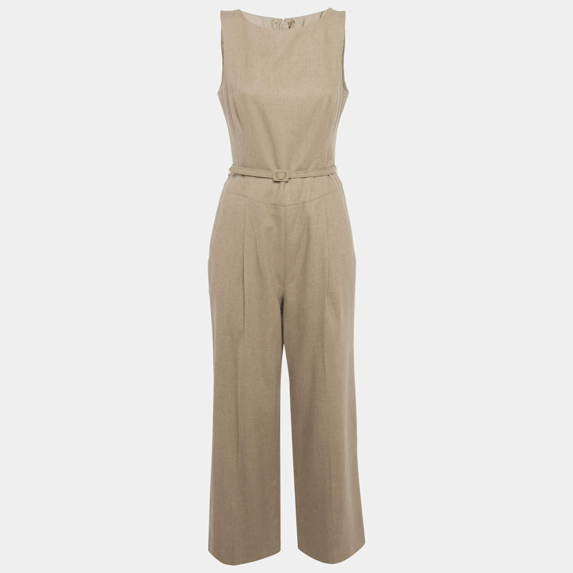 Oscar de la Renta Brown Camel Wool Belted Sleeveless Jumpsuit M