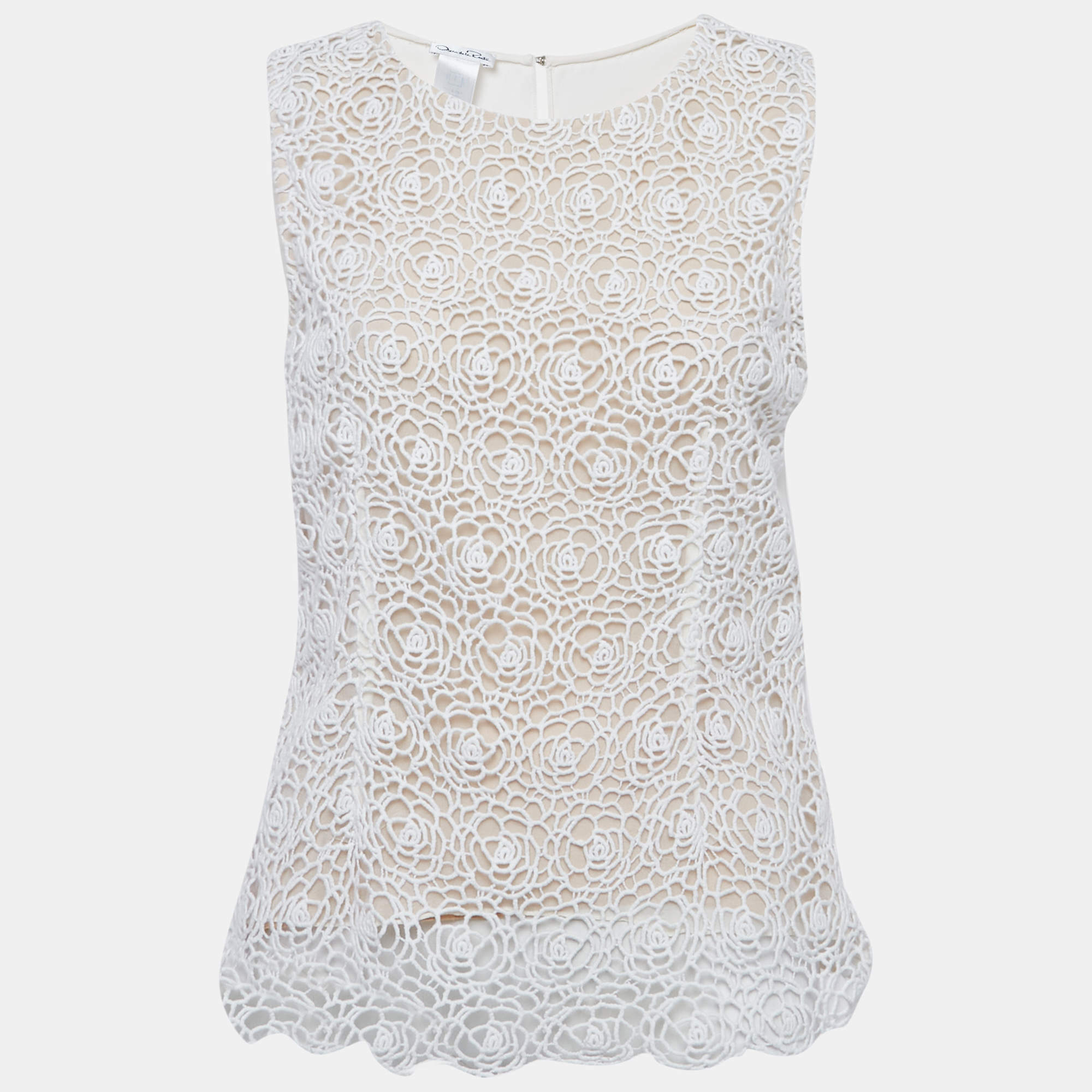 Pre Owned Oscar de la Renta White Lace and Crepe Sleeveless Top M