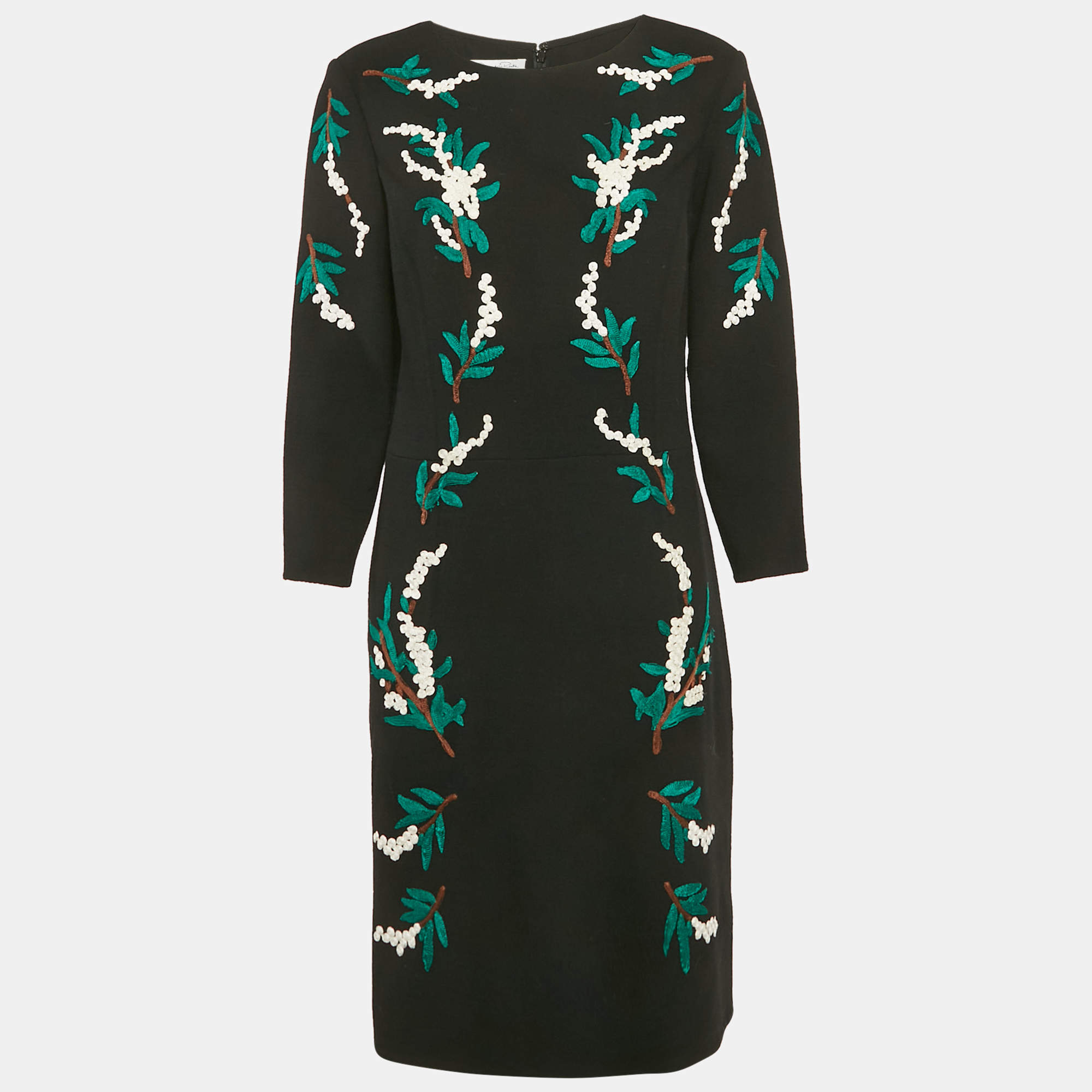 Oscar de la Renta Black Embroidered Wool Midi Dress XL