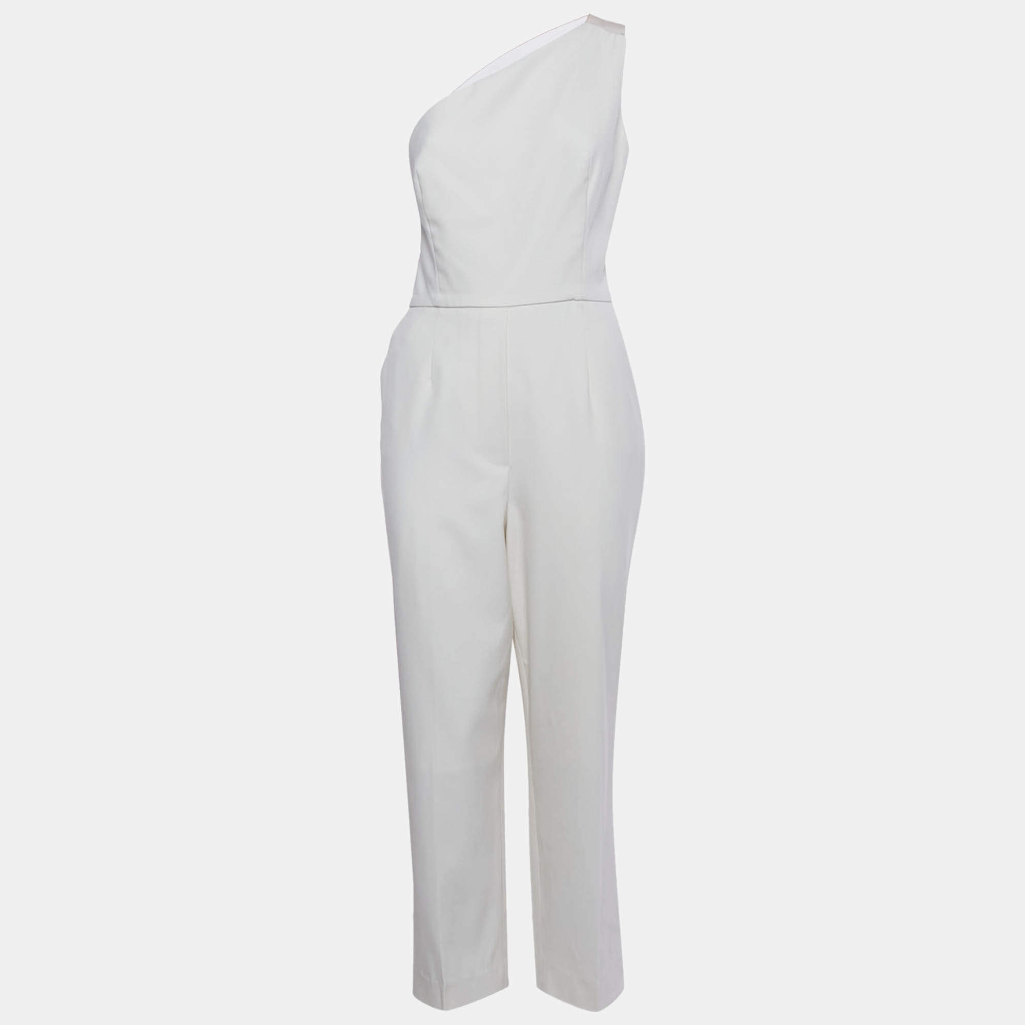 Pre Owned Oscar de la Renta White Tulle Trim Wool One Shoulder Jumpsuit L