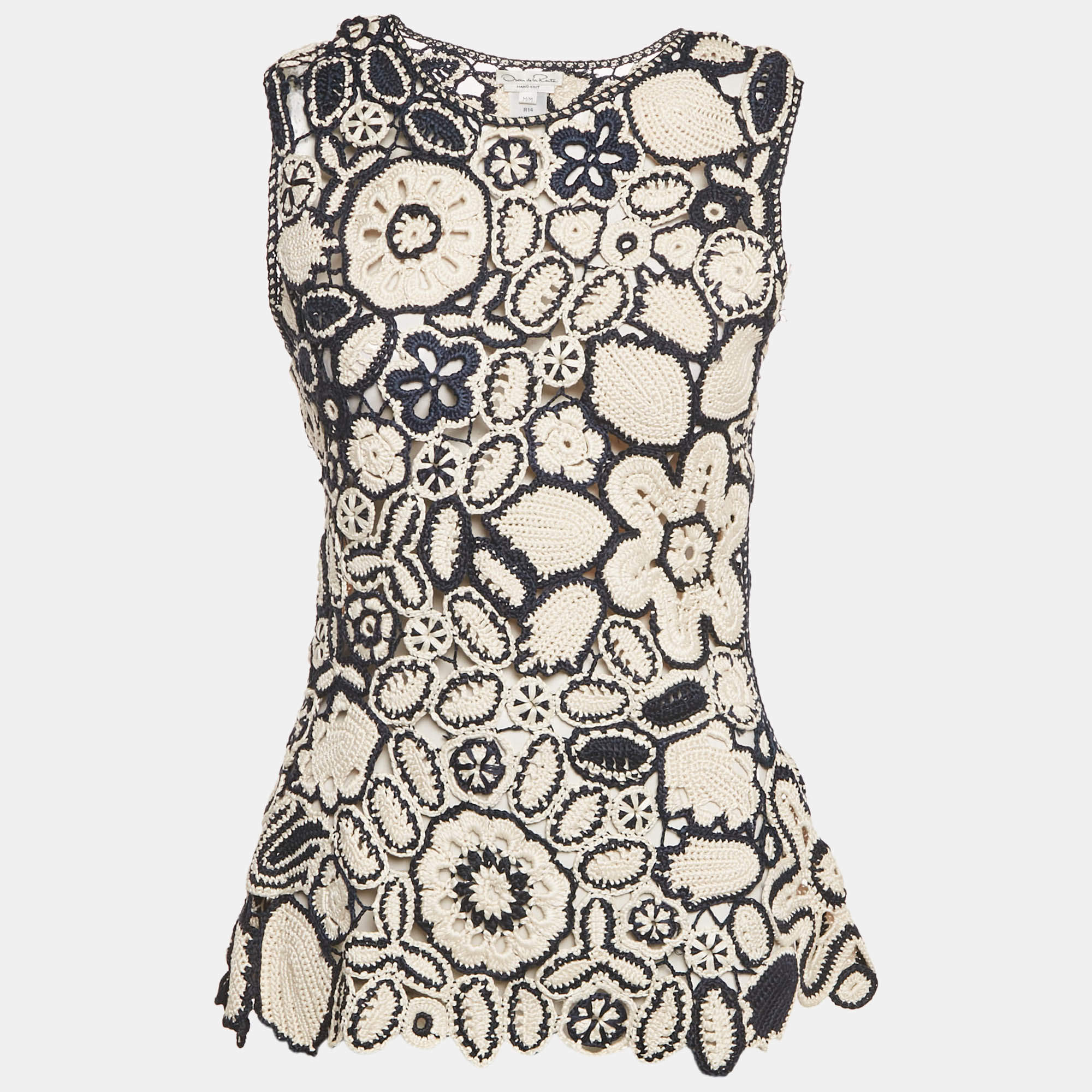 Pre Owned Oscar de la Renta Blue/Cream Patterned Crochet Top M