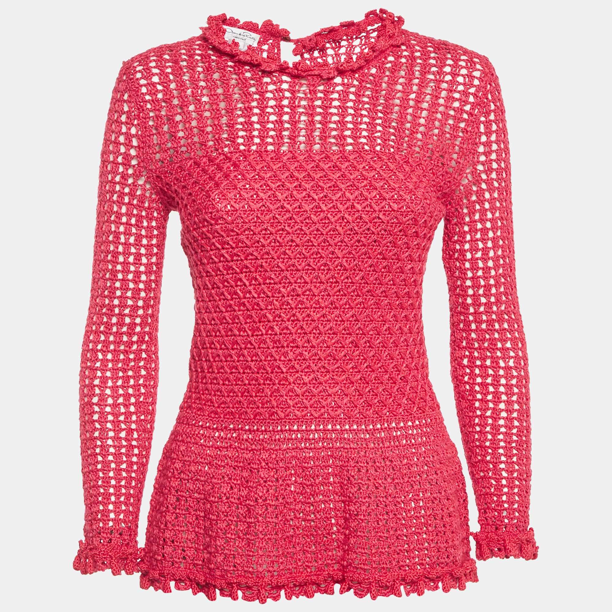 Pre Owned Oscar de la Renta Pink Crochet Sheer Top S