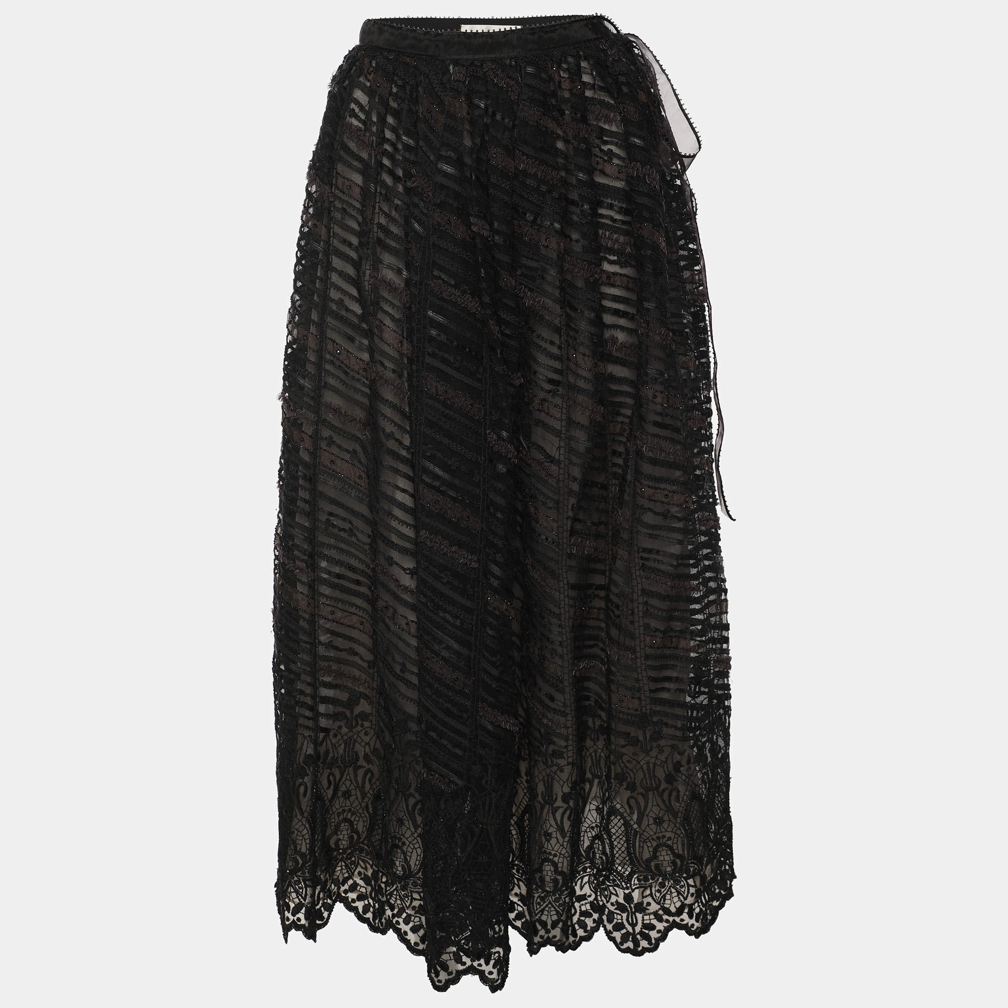 Pre Owned Oscar de la Renta Black Lace and Leather Midi Skirt M