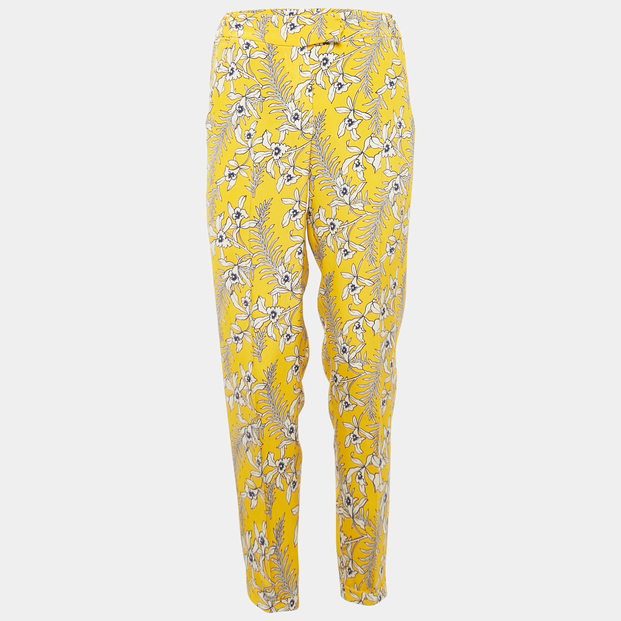 Pre Owned Oscar de la Renta Yellow Floral Print Silk Crepe Trousers S