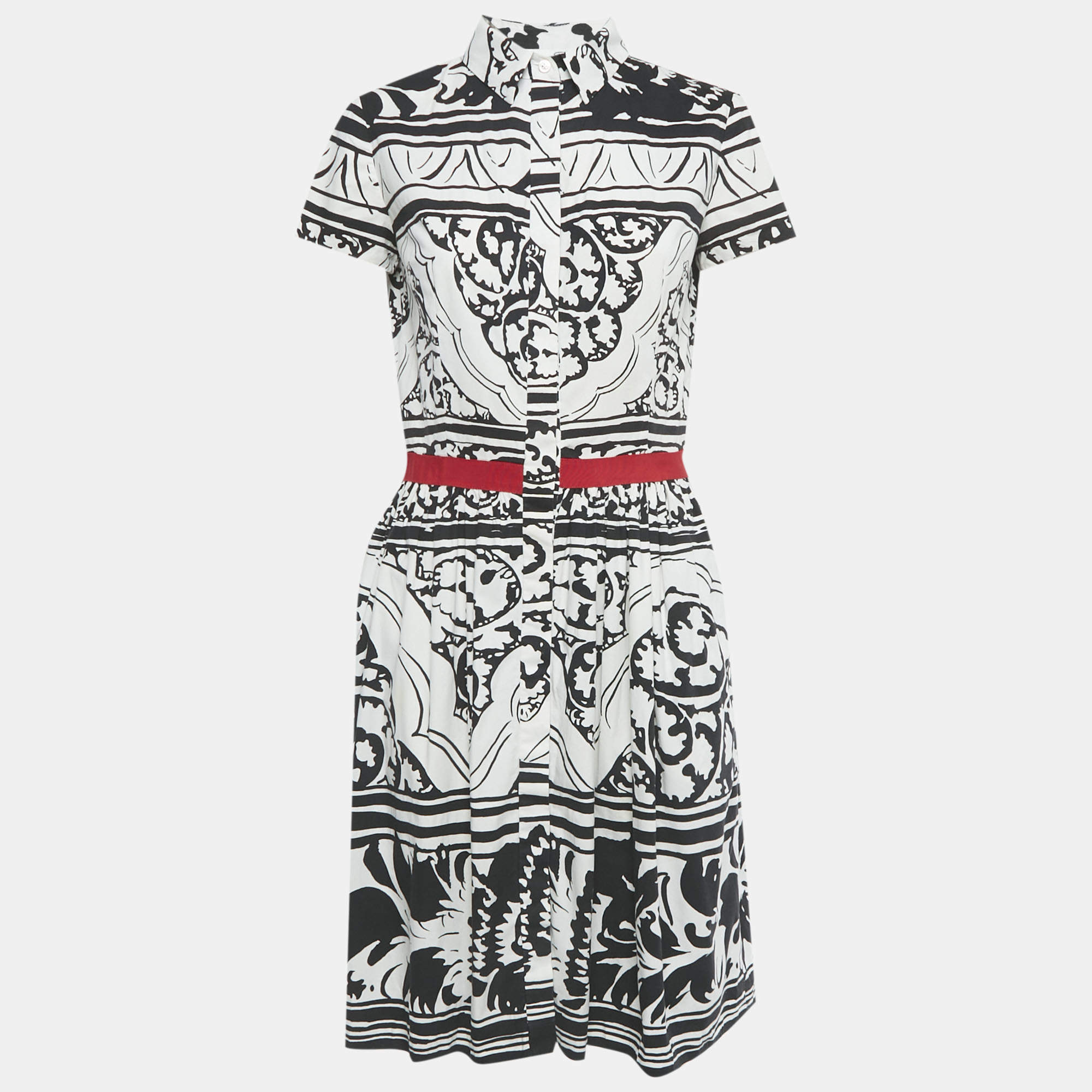مملوكة مسبقًا Oscar de la Renta White /Black Printed Cotton Blend Midi Dress L