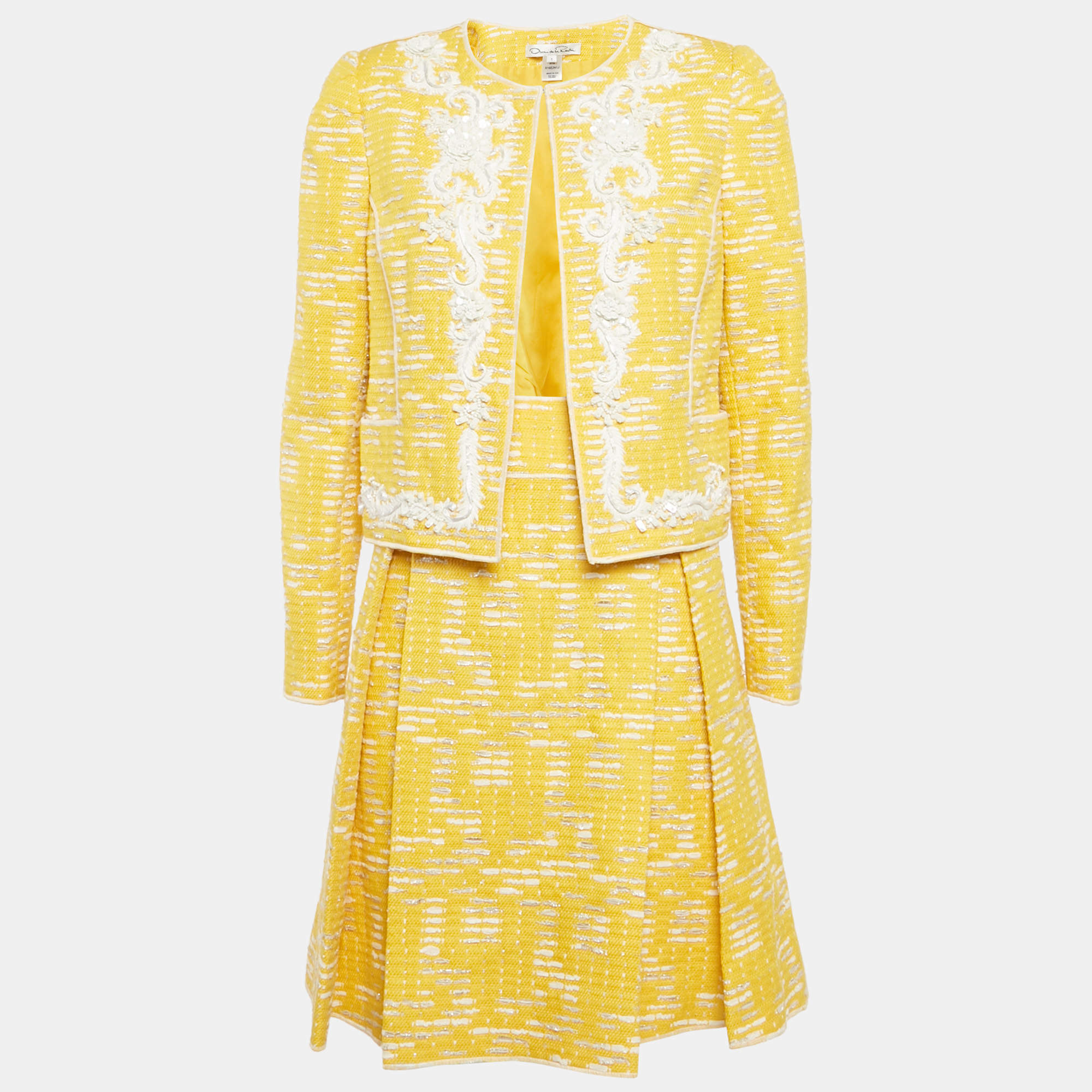 مملوكة مسبقًا Oscar de la Renta Yellow Embellished Cotton Blend Jacket & Skirt Set M