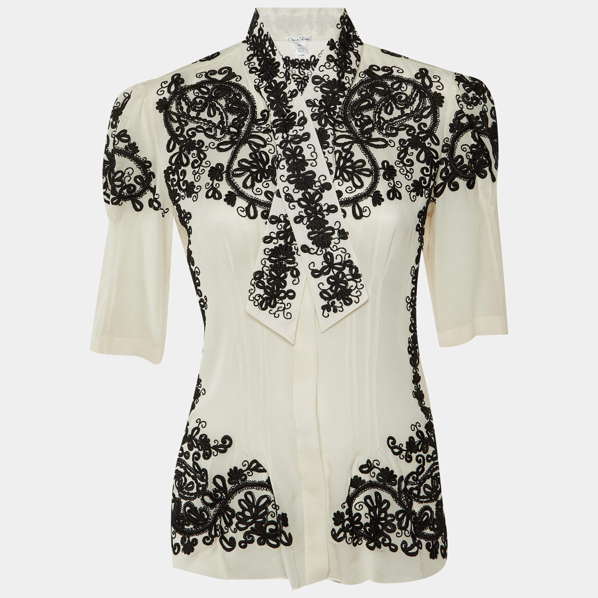 Pre Owned Oscar De La Renta White Embroidered Silk Chiffon Shirt M