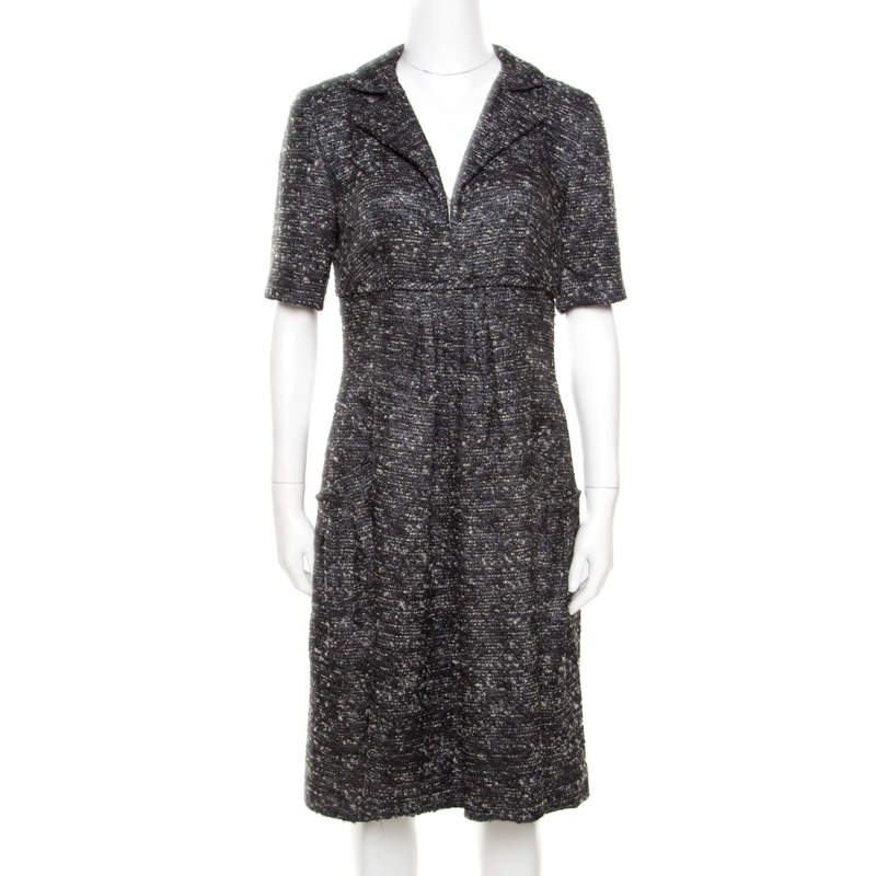 Oscar de la Renta Grey Textured Lurex Plunge Neck Detail Short Sleeve Dress M