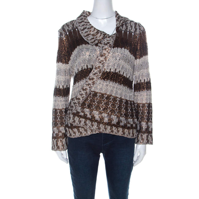 Pre Owned Oscar de la Renta Brown & Bronze Silk Knit Cardigan L 