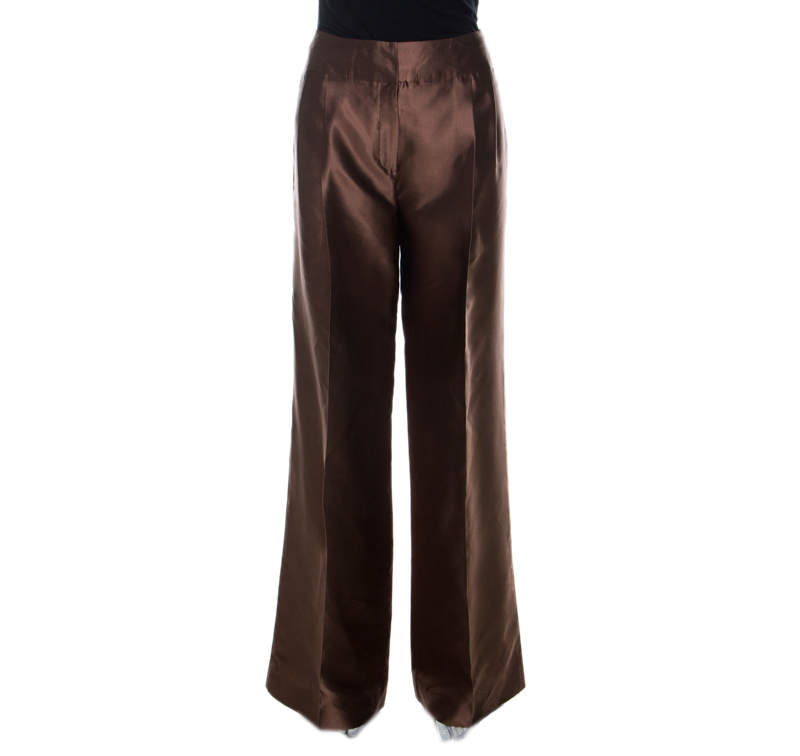 Pre Owned Oscar de la Renta Brown Silk Wide Leg Trousers L