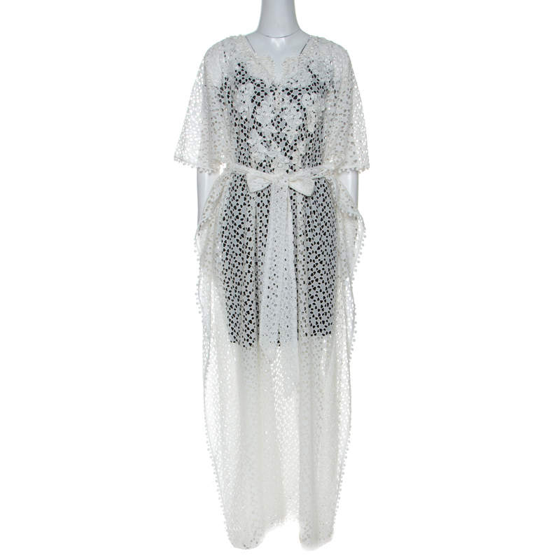Pre Owned Oscar de la Renta White Crochet Maxi Belted Kaftan S