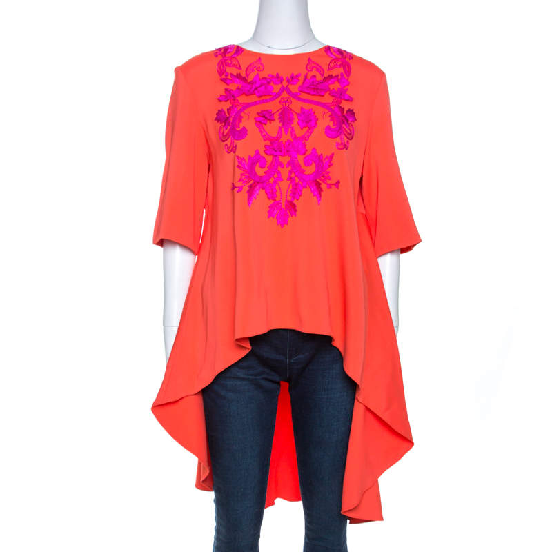 Pre Owned Oscar de la Renta Orange Crepe Floral Applique Detail Tunic XL
