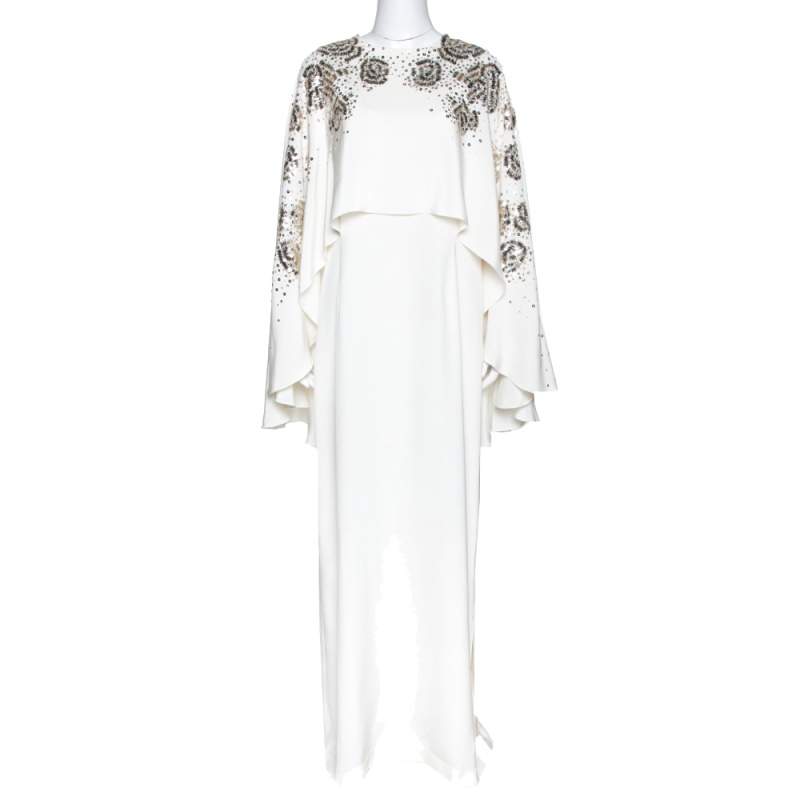 Oscar de la Renta Ivory Silk Sequin Embellished Cape Gown M Oscar de la ...