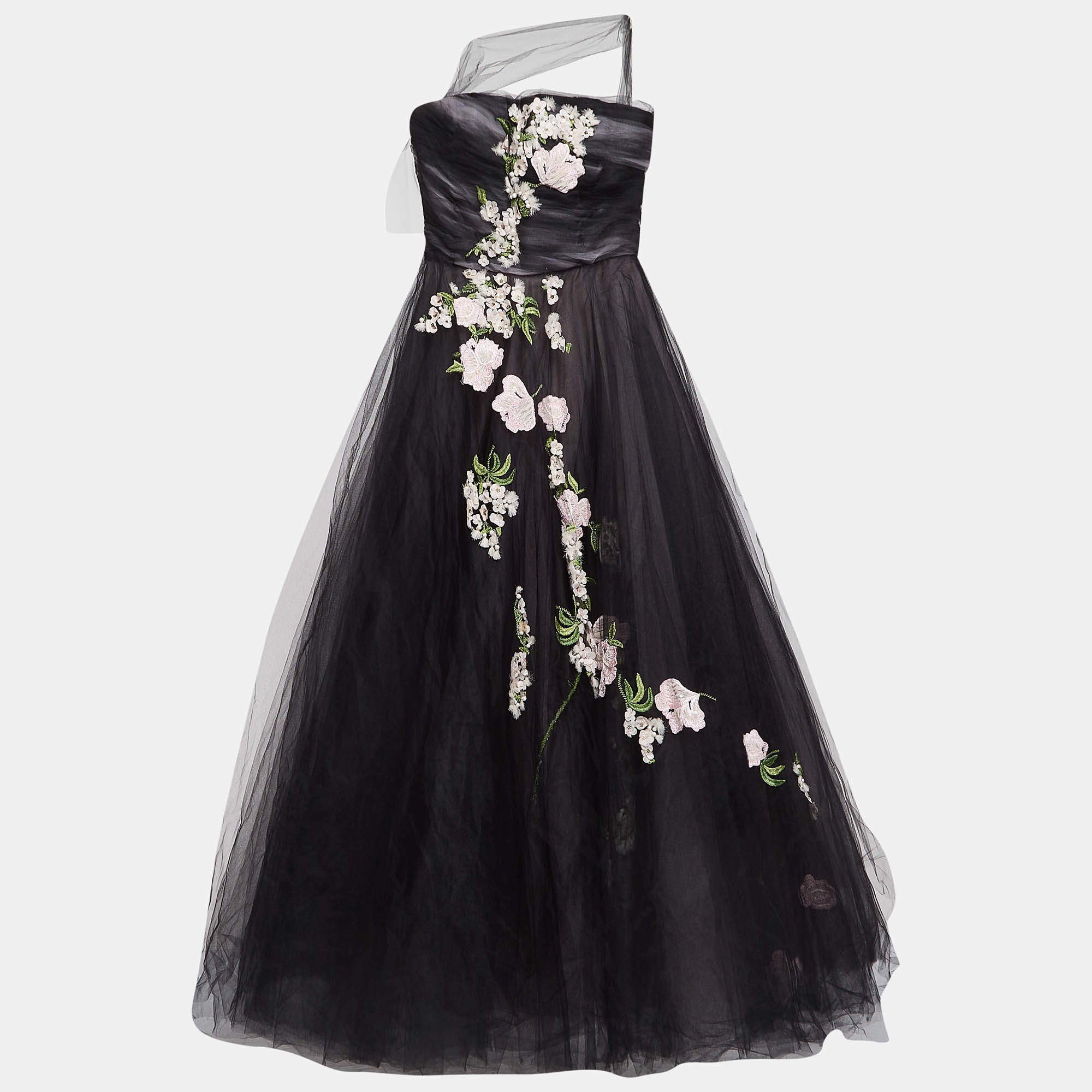 Pre Owned Oscar de la Renta Black Floral Embroidered and Appliqued Tulle Halter Neck Gown M
