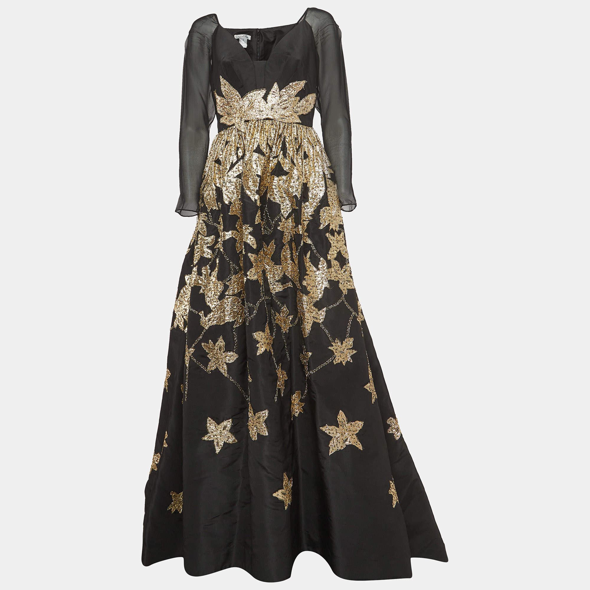 Pre Owned Oscar de la Renta Black Sequin Applique Detail Silk Sheer Sleeve Gown M