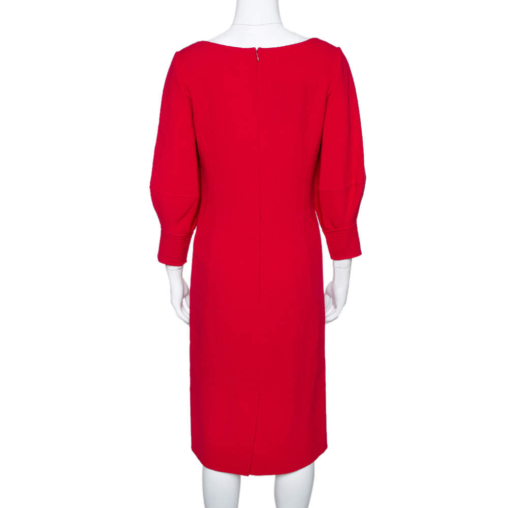 Pre Owned Oscar de la Renta Red Wool Crepe Balloon Sleeve Midi Dress M