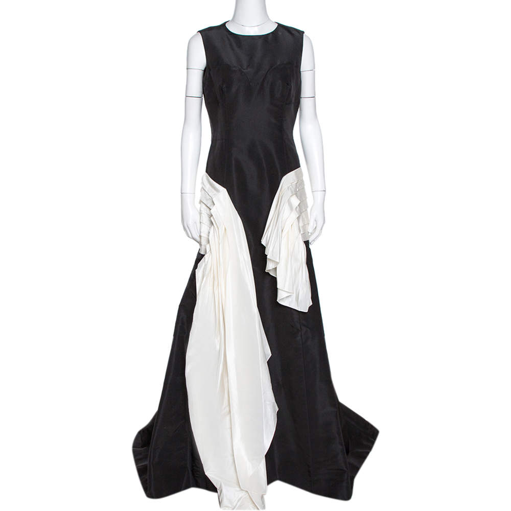 Pre Owned فستان أوسكار دي لا رنتا حرير أسود فيليه متباين مكشكش مقاس كبير - لارج