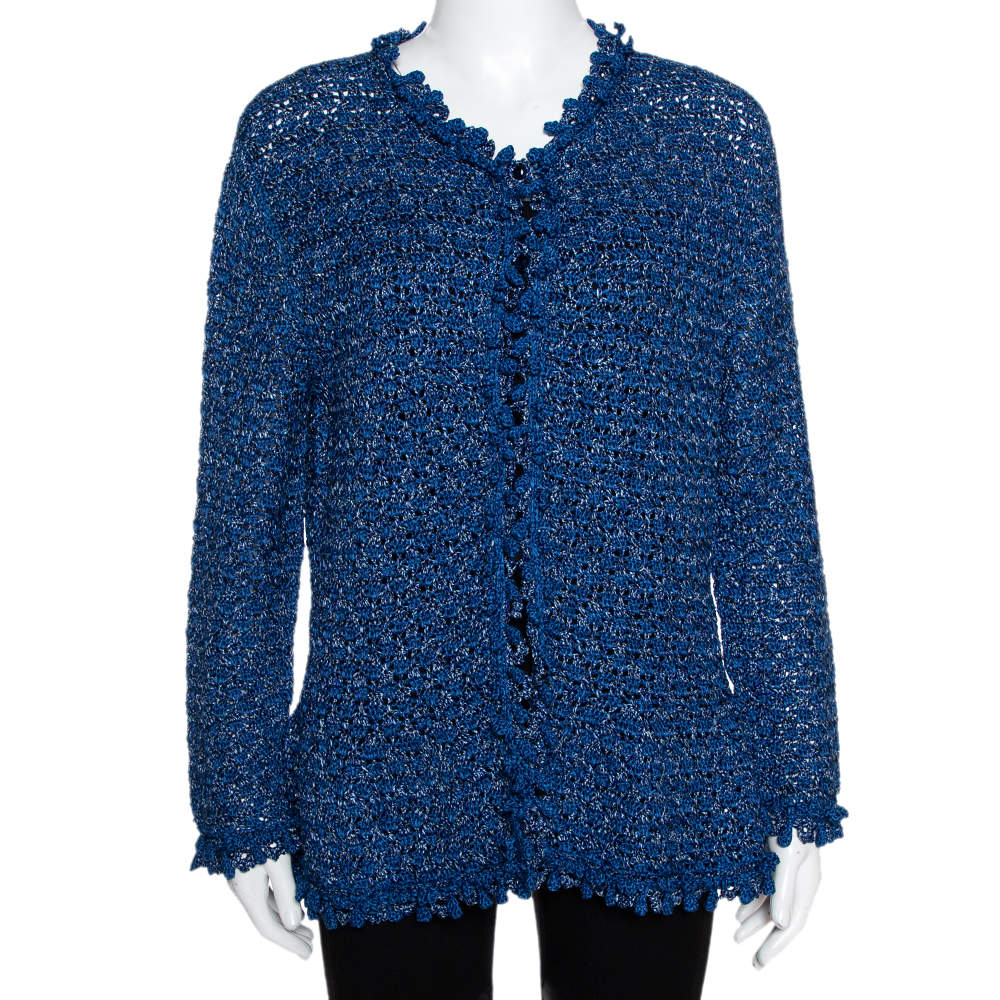 Pre Owned Oscar de la Renta Blue Silk Hand Knit Button Front Cardigan L
