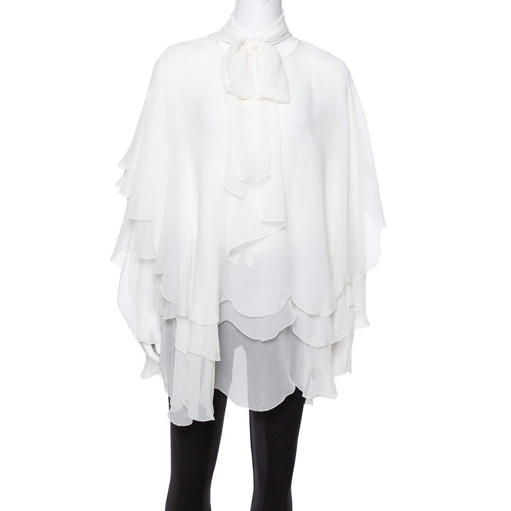 Pre Owned Oscar de la Renta Off White Silk Layered Tie Detail Blouse L