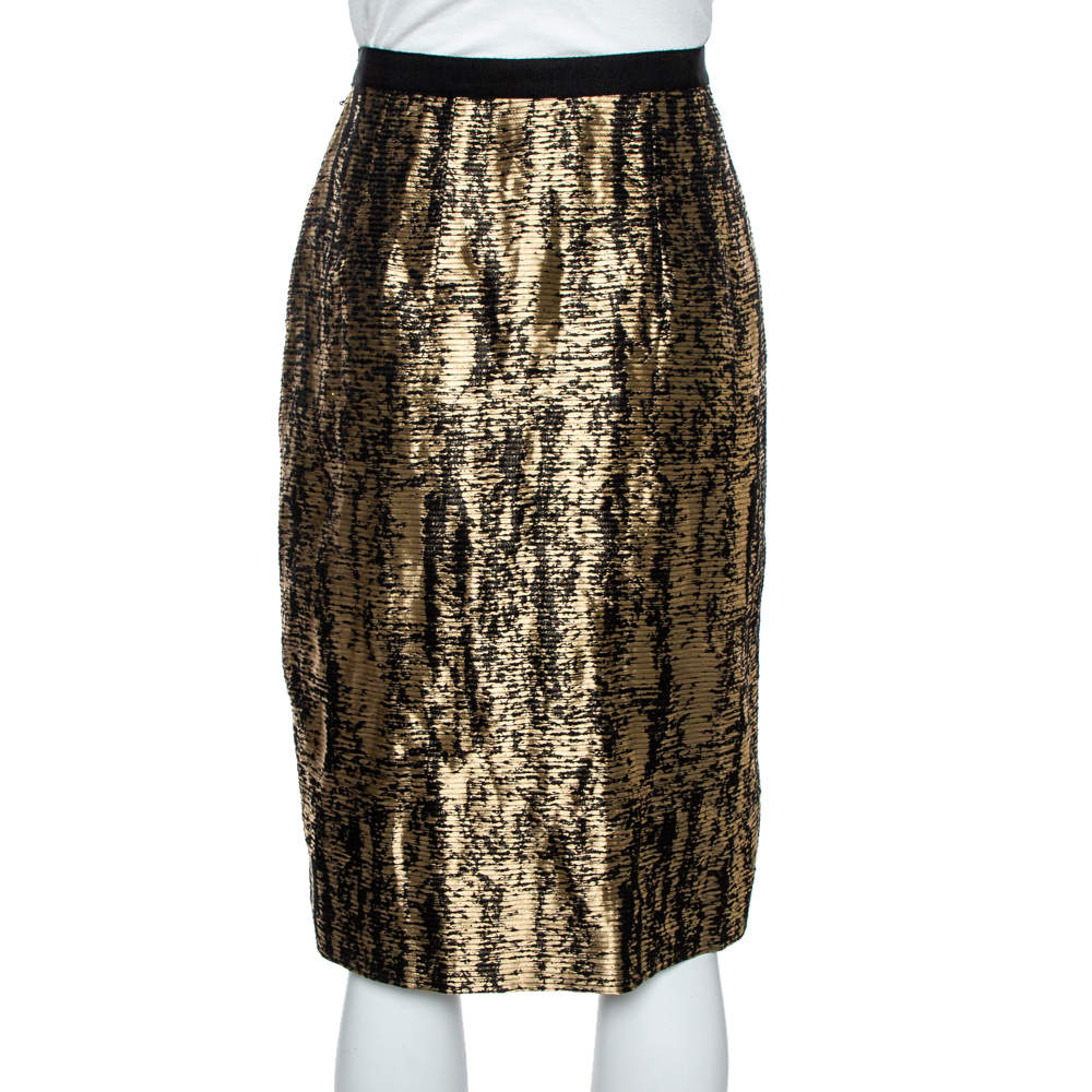 Pre Owned Oscar de la Renta Metallic Black/White Jacquard Knee Length Skirt M