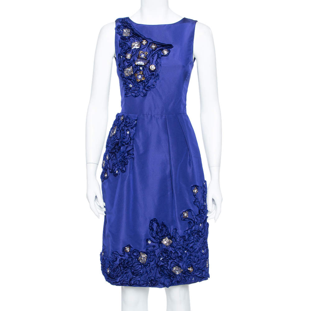 Oscar de la Renta Royal Blue Embellished Silk Sleeveless Sheath Dress XS 
