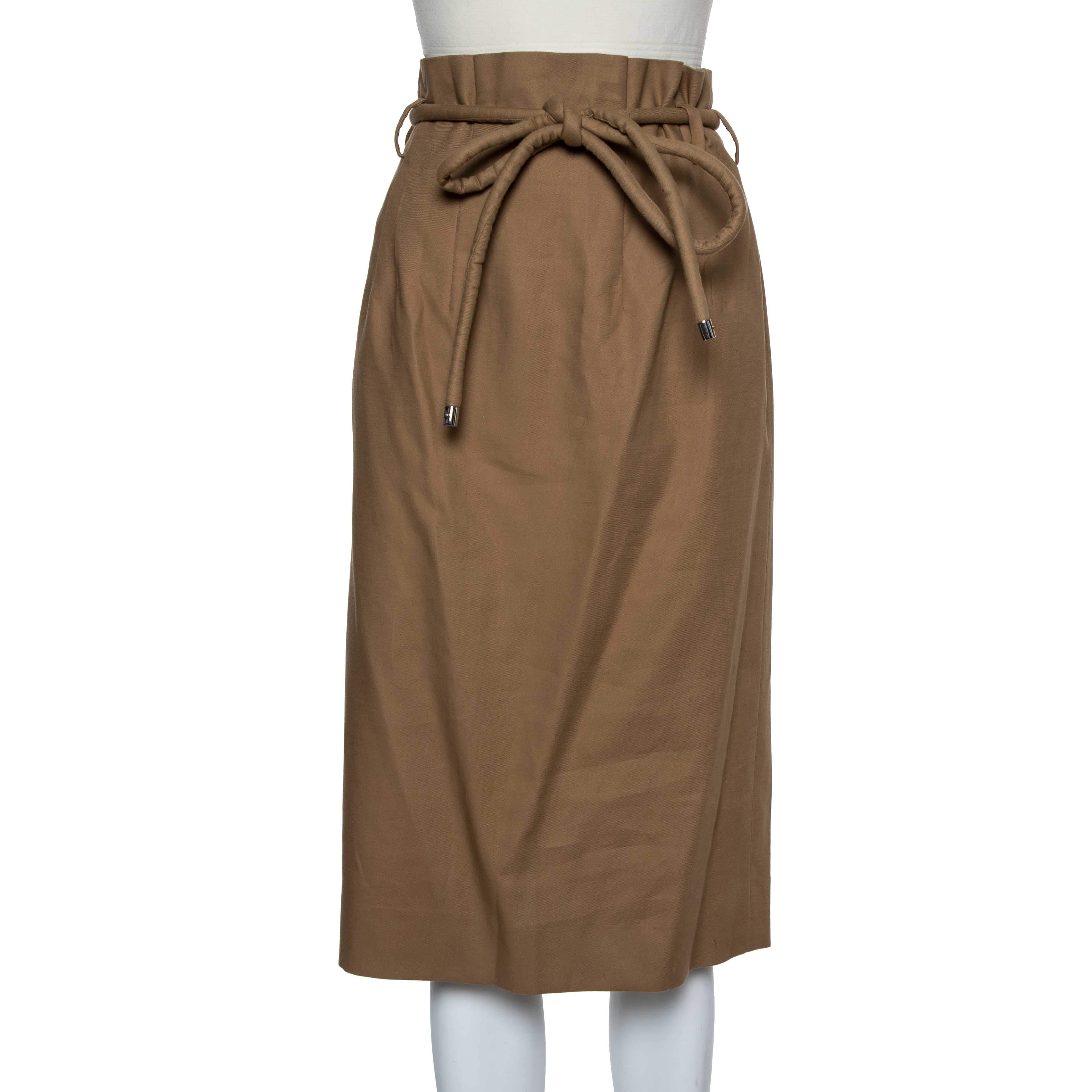 Pre Owned Oscar de la Renta Beige Cotton Paper Bag Waist Belted Midi Skirt M