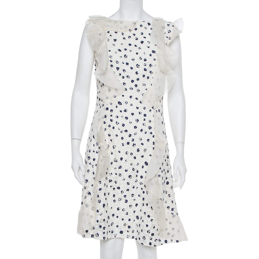 Oscar de la Renta White Painted Effect Lace Ruffle Detail Short Dress M