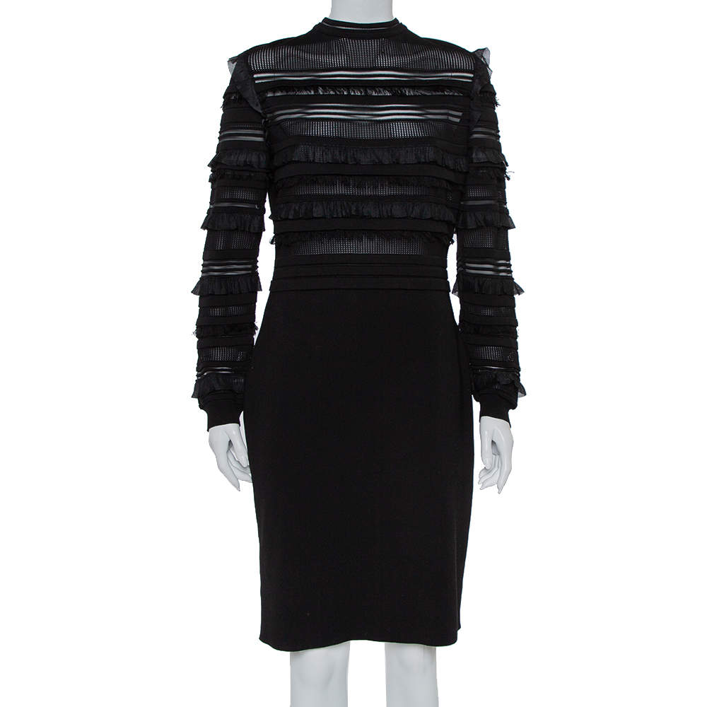Pre Owned Oscar de la Renta Black Silk Knit Ruffle Trim Detail Sheath Dress XL