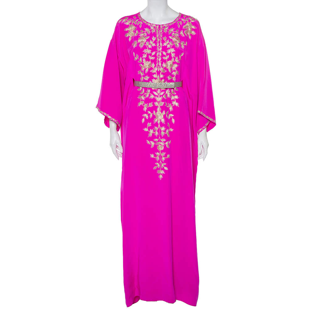Oscar de la Renta Fuschia Pink Silk Embroidered Detail Belted Maxi Dress M
