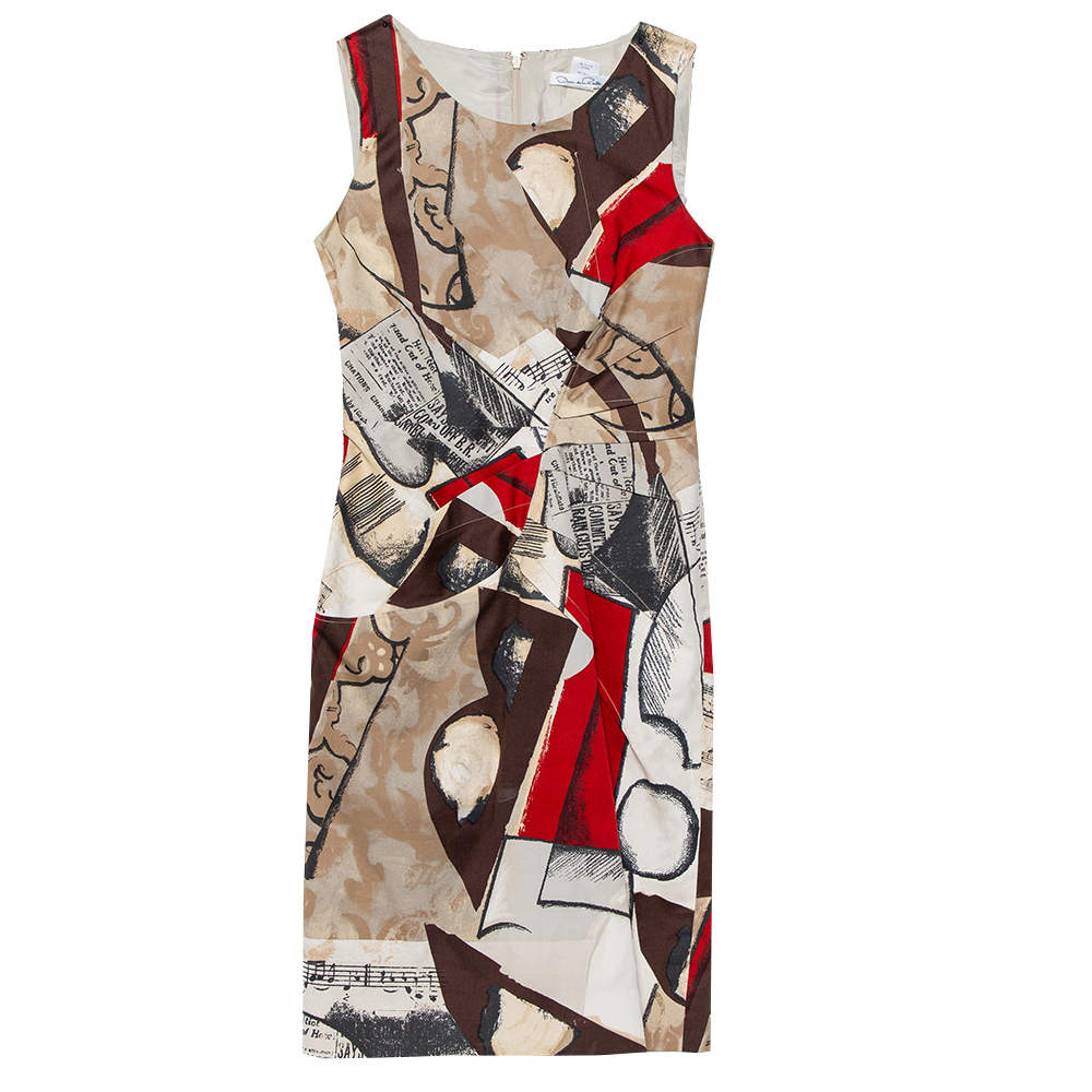 Oscar de la Renta Brown Musical Printed Cotton Sleeveless Sheath Dress S