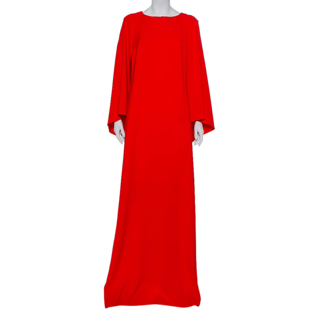 Pre Owned Oscar de la Renta Red Silk Crepe Cape Detail Gown M