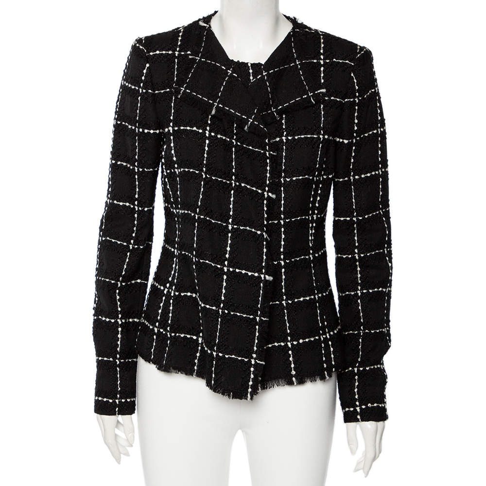 Pre Owned Oscar de la Renta Monochrome Embroidered Wool Button Front Jacket M