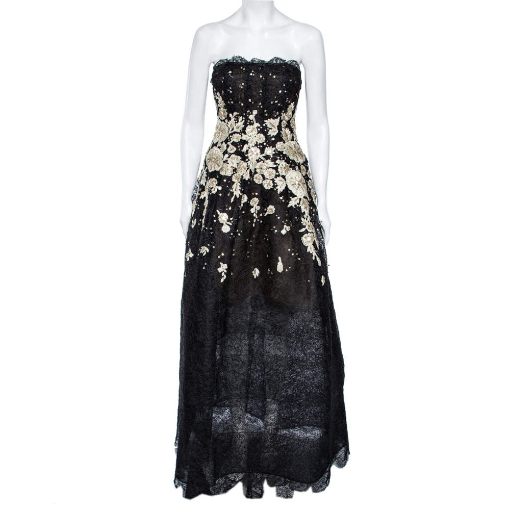 Pre Owned Oscar de la Renta Black & Gold Embroidered Tulle Strapless Gown S