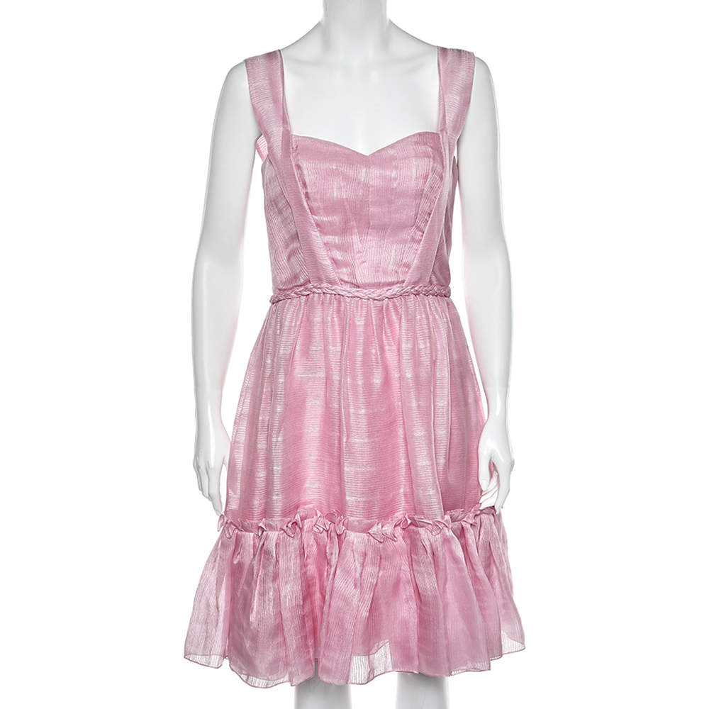 Pre Owned Oscar de la Renta Pink Silk Sleeveless Flared Mini Dress M