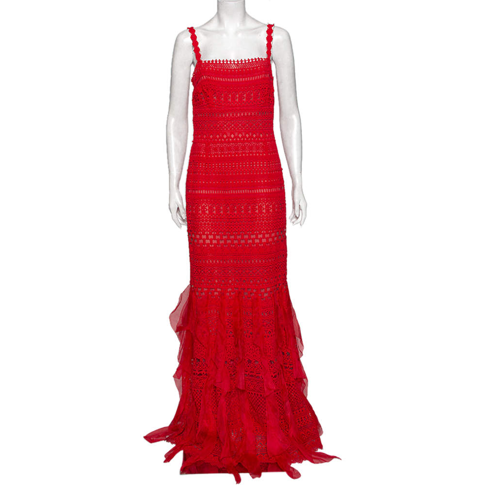 Pre Owned Oscar de la Renta Red Guipure Lace & Ruffled Silk Trimmed Cockail Dress L